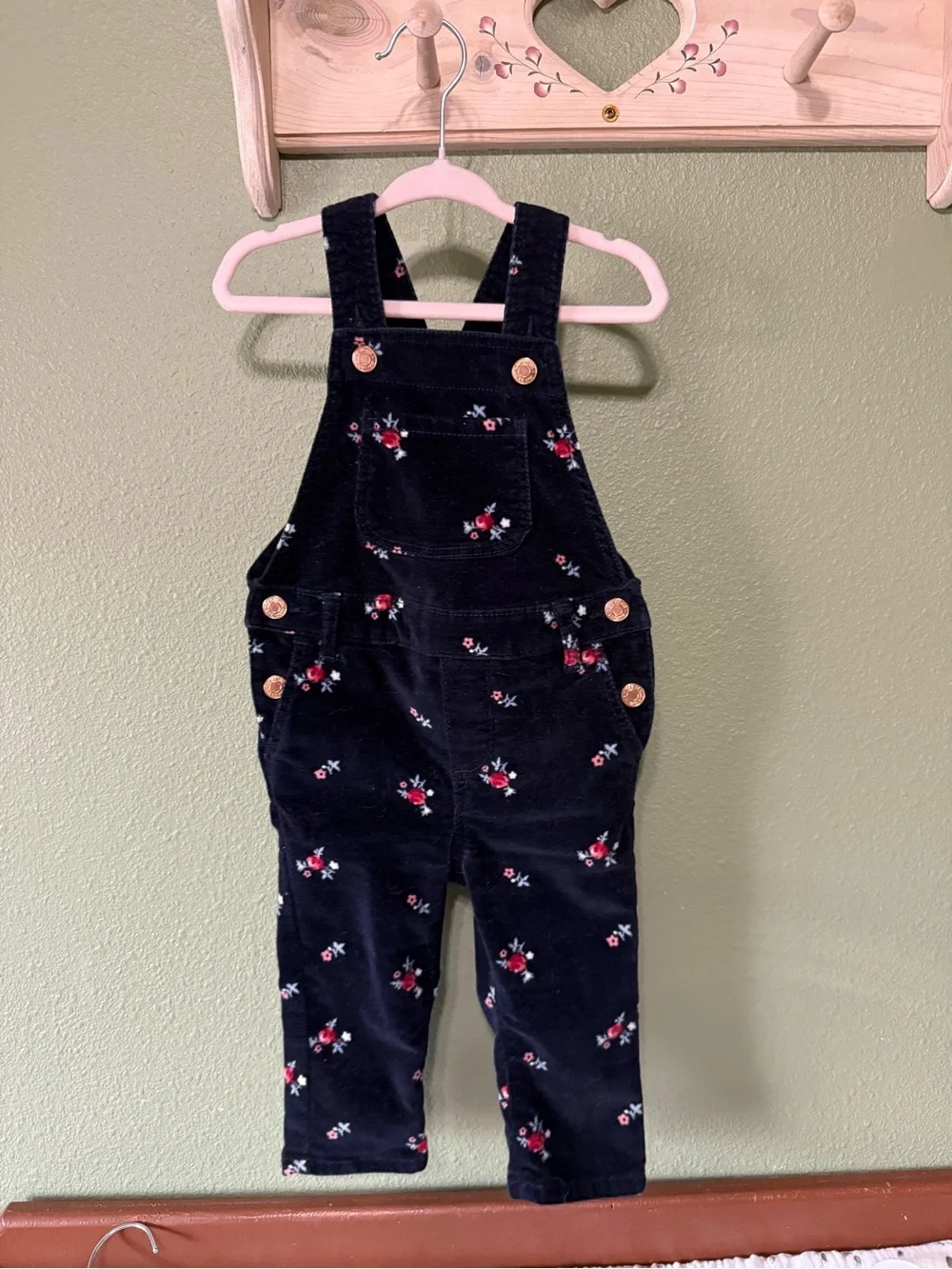 Girls' Floral Embroidered Navy Velvet Overalls